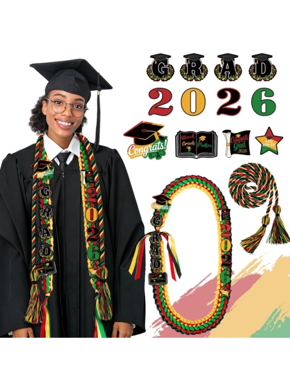 2026 Graduation Multicolor Kente Honor Cord and Stole Set